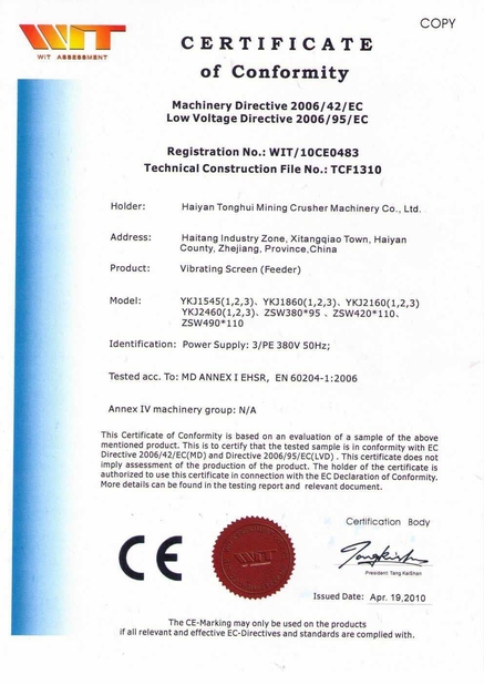 China ZheJiang Tonghui Mining Crusher Machinery Co., Ltd. Certificações